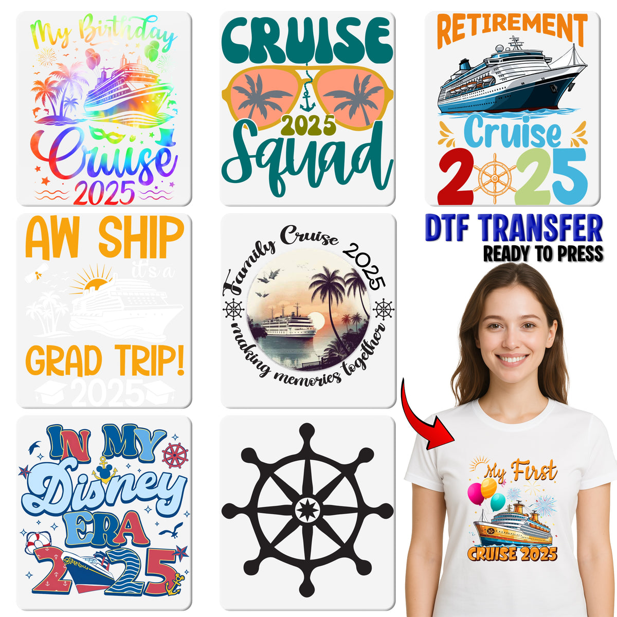 Cute First Cruise 2025 DTF Transfer Ready To Press For Family & Group Vacation T-Shirt Apparel, Celebratory Travel Theme