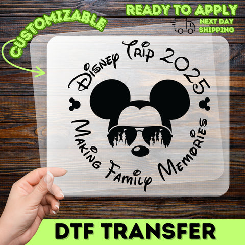 Magical Vacation DTF Transfer Mouse Silhouette & Castle Sunglasses Apparel T-Shirt for Family Theme Park Fun