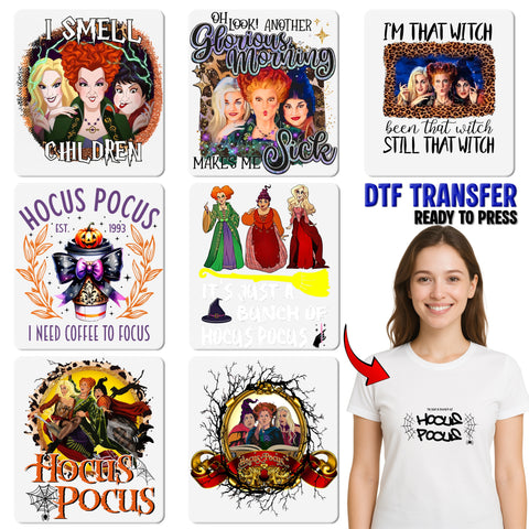Hocus Pocus Halloween Magic DTF Transfer for Witchy Fans, Iron-On Retro Witch Pumpkin T-Shirt Apparel, Ready To Press