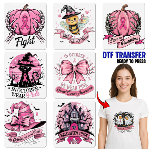 Pink Awareness & Halloween Witch Hat Cute October DTF Transfer for Women Apparel & Breast Cancer Support Group