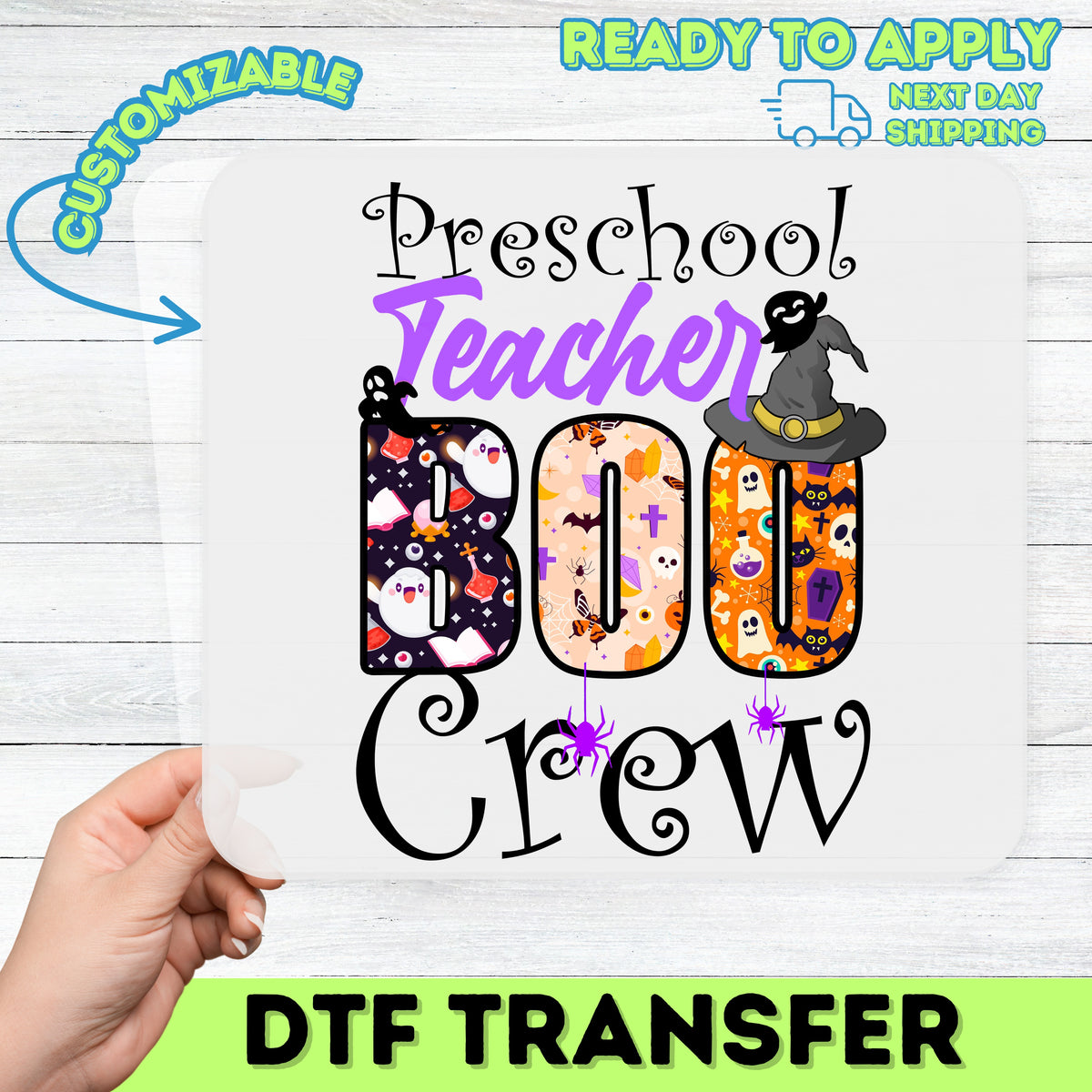 Cute Halloween Teacher Boo Crew DTF Transfer, Preschool Teacher Shirt Design, Ready To Press Iron-On for Halloween Apparel