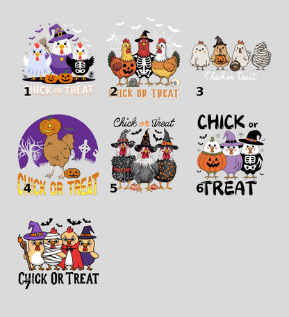 Funny Halloween Chicken DTF Transfer, Cute Chick or Treat Iron-On for Family Shirts & Apparel, Ready to Press Fall Party Gift
