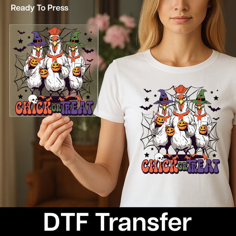 Funny Halloween Chick or Treat DTF Transfer for Chicken Lover T-Shirts & Party Apparel