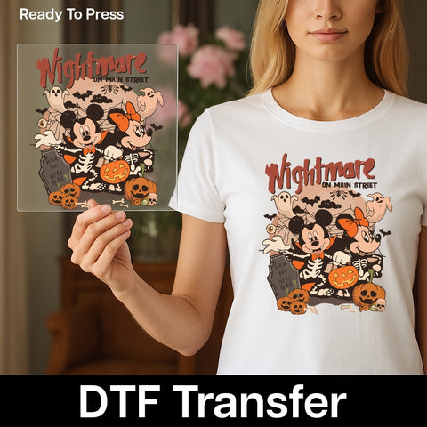Retro Halloween DTF Transfer Cute Cartoon Skeletons & Pumpkins Ready To Press for Family Apparel, Disney Enthusiasts