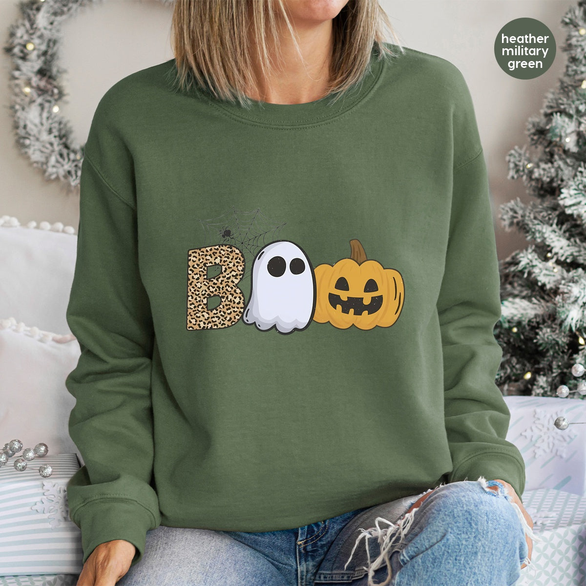 Cute Halloween Boo DTF Transfer with Leopard Print & Ghost - Ready To Press DTF for Seasonal T-shirt or Sweatshirt