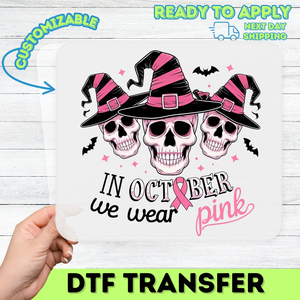 Halloween & Breast Cancer Awareness DTF Transfer for Women T-Shirts Ready to Press Skull Witch Hat Pink Ribbon