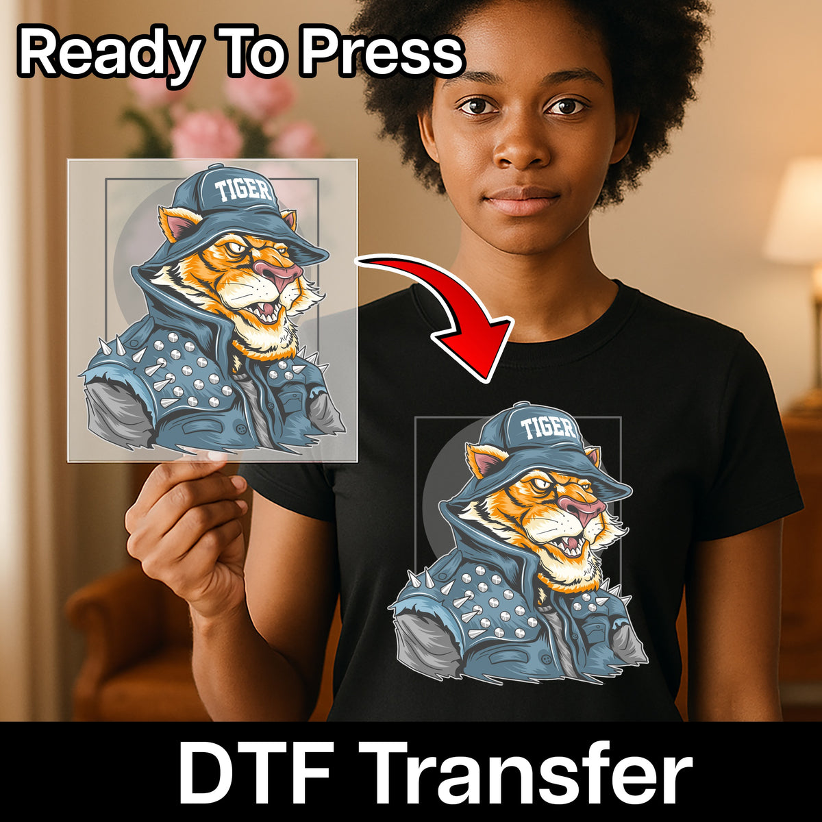 Edgy Punk Tiger DTF Transfer for Animal Lovers T-Shirt & Streetwear Festival Apparel