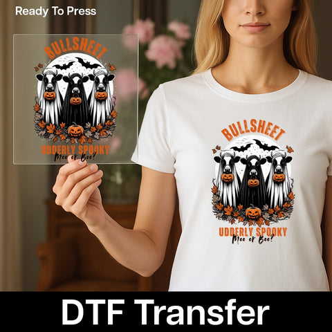 Funny Halloween Cow Ghost DTF Transfer Iron-On for Cute Farmhouse Apparel & Funny Spooky T-Shirt