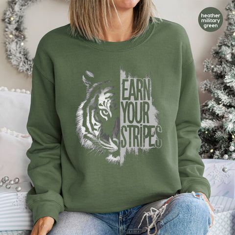 Motivational Tiger Earn Your Stripes DTF Transfer for Athletes & Gym Apparel, Ready To Press Strength Quote Shirt Design