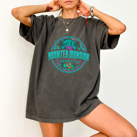 Haunted Mansion Halloween DTF Transfer | Funny Gothic Teal & Violet Iron-On for Family Apparel