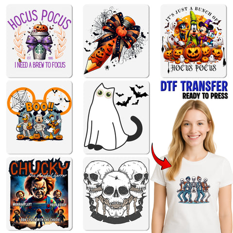Cute Halloween mummy characters DTF transfer for kids t-shirt, funny spooky pumpkins & bats iron-on, family holiday apparel