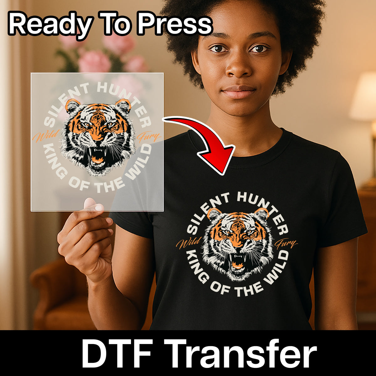 Fierce Tiger DTF Transfer: Ready To Press, Bold Animal T-shirt Design, Wild Adventure Group Apparel, Vintage Nature Lover Art