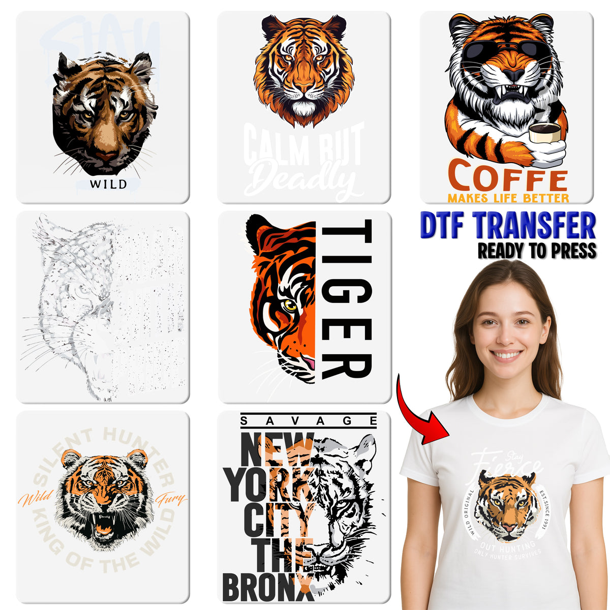 Cute Playful Tiger Retro Wildlife DTF Transfer | Ready to Press Iron-On for Animal Lovers T-Shirt, Safari Family Matching Shirt