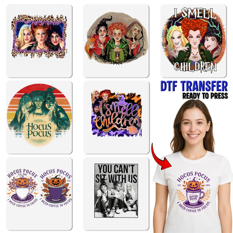 Cute Halloween Hocus Pocus Coffee DTF Transfer Ready To Press Iron-On Apparel Women Shirt