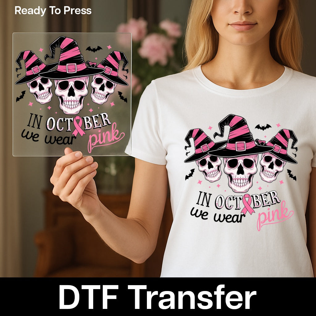 Halloween & Breast Cancer Awareness DTF Transfer for Women T-Shirts Ready to Press Skull Witch Hat Pink Ribbon