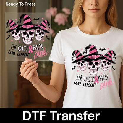 Halloween & Breast Cancer Awareness DTF Transfer for Women T-Shirts Ready to Press Skull Witch Hat Pink Ribbon