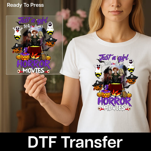 Cute Horror Movie Fan Halloween DTF Transfer for Women Shirt | Funny Witch & Pumpkin Ready To Press Iron-On Apparel Design