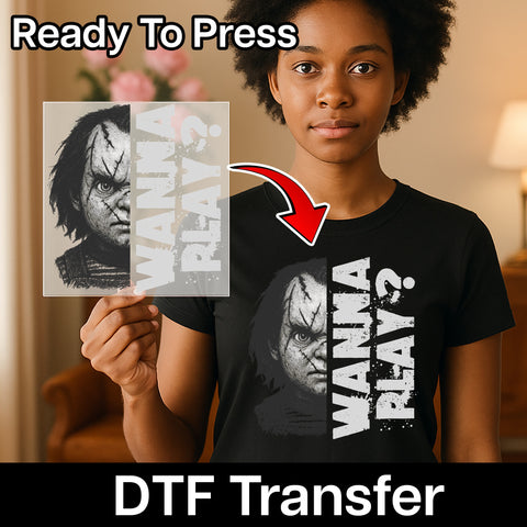 Horror Movie 'WANNA PLAY?' DTF Transfer for Spooky Halloween T-Shirt & Hoodies - Edgy Iron On Ready to Press for Horror Fans