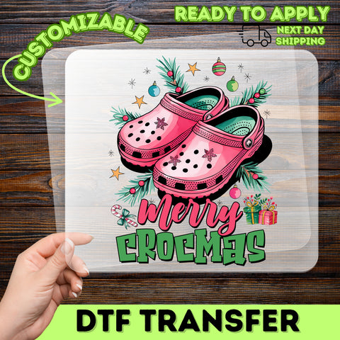 Merry Crocmas Funny Christmas DTF Transfer for Crocs Enthusiasts, Ready to Press Iron-On for T-Shirt Apparel
