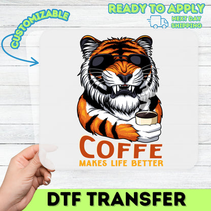 Tiger Wearing Sunglasses Coffee DTF Transfer Ready To Press Funny Coffee Lover T-Shirt Animal Humor Tee Gift
