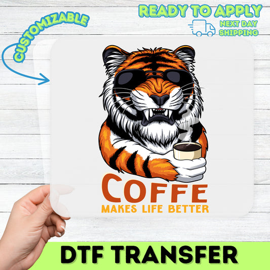 Tiger Wearing Sunglasses Coffee DTF Transfer Ready To Press Funny Coffee Lover T-Shirt Animal Humor Tee Gift