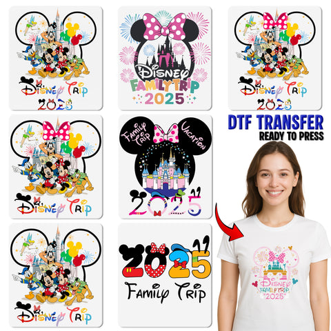 Cute Cartoon Family Vacation 2025 DTF Transfer Iron-On Ready To Press T-Shirt Perfect for Family Reunions & Group Trips