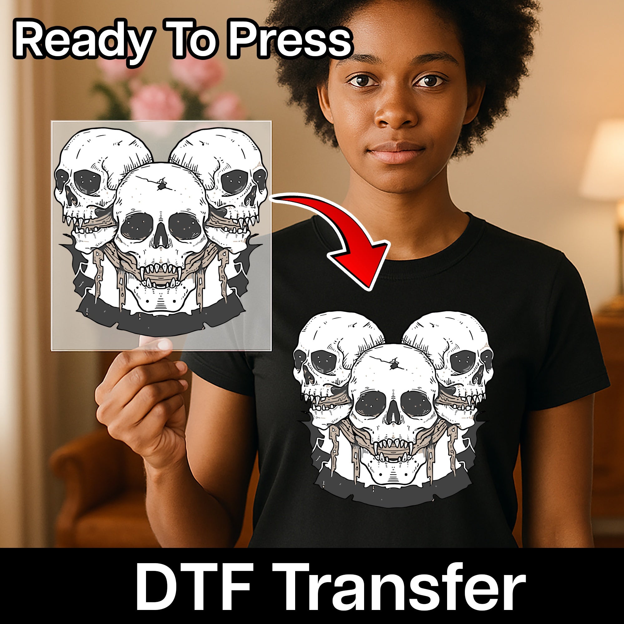 Gothic Skull DTF Transfer Iron-On Halloween Horror Design for Alternative Apparel