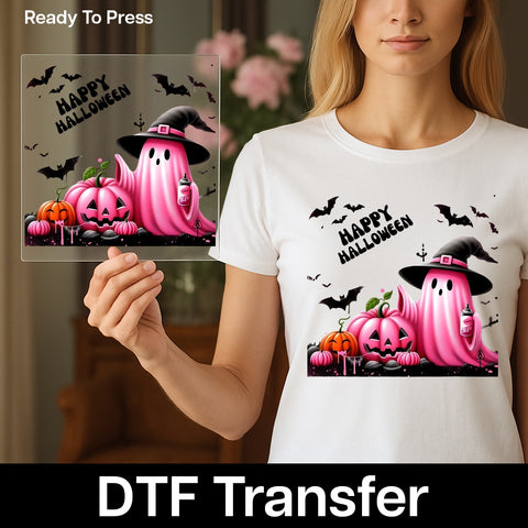 Cute Retro Pink Halloween DTF Transfer for Ghost Spraying T-Shirt & Sweatshirt, Fun Party Apparel, Iron-On for Festive Groups