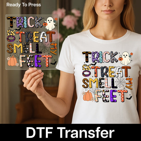 Funny Halloween DTF Transfer Trick or Treat Smell My Feet Iron-On for Family & Kids T-Shirts