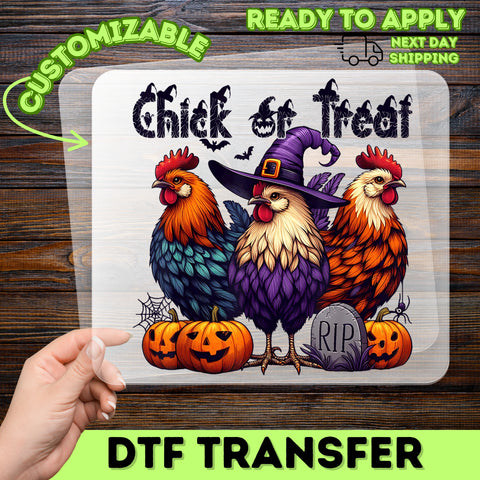 Chick or Treat Funny Halloween Rooster DTF Transfer Ready To Press for Unique Group T-Shirts & Apparel