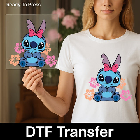 Cute Cartoon Bunny with Tropical Flowers DTF Transfer, Ready To Press Cute Holiday Shirt, Kids' Cute Character Apparel, Summer Family Vacation Wear