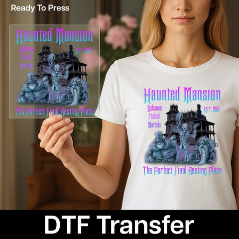 Iron-On Gothic Halloween Haunted Mansion DTF Transfer for Spooky Family Shirts & Group Apparel, Cute and Eerie Design