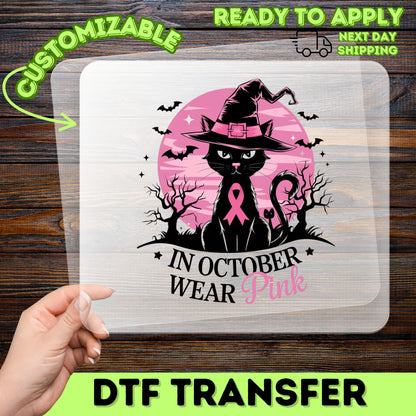 Black Cat Witch Hat Pink Ribbon Halloween DTF Transfer Iron-On for T-Shirt Breast Cancer Awareness Apparel
