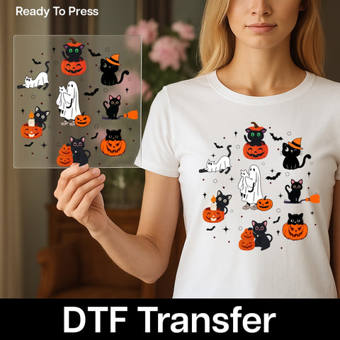 Cute Halloween Black Cat & Pumpkin DTF Transfer, Ready To Press Cute Holiday Design for Cat Lovers Apparel & Tshirts