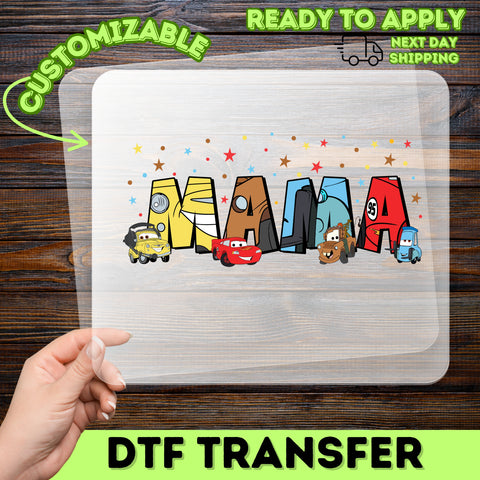 Cute Cars-Themed Mama DTF Transfer Iron-On for Mother's Day Apparel & Family Celebrations