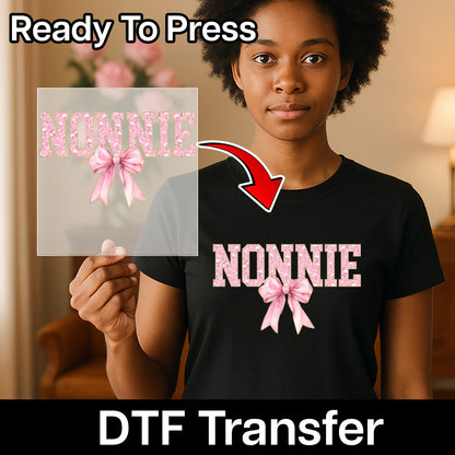 Cute Nonnie Floral DTF Transfer with Pink Bow for Grandma Shirts - Ready to Press Iron-On Gift for Grandmother's Day