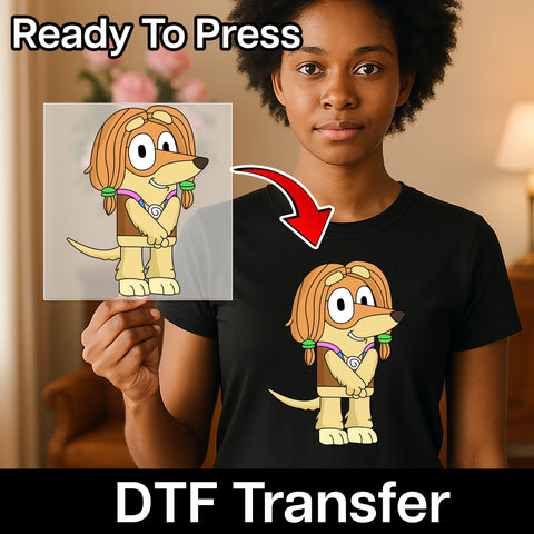Cute Cartoon Dog DTF Transfer | Ready to Press Pet Theme Apparel | Playful Iron-On for Family Reunion or Group Event Shirts
