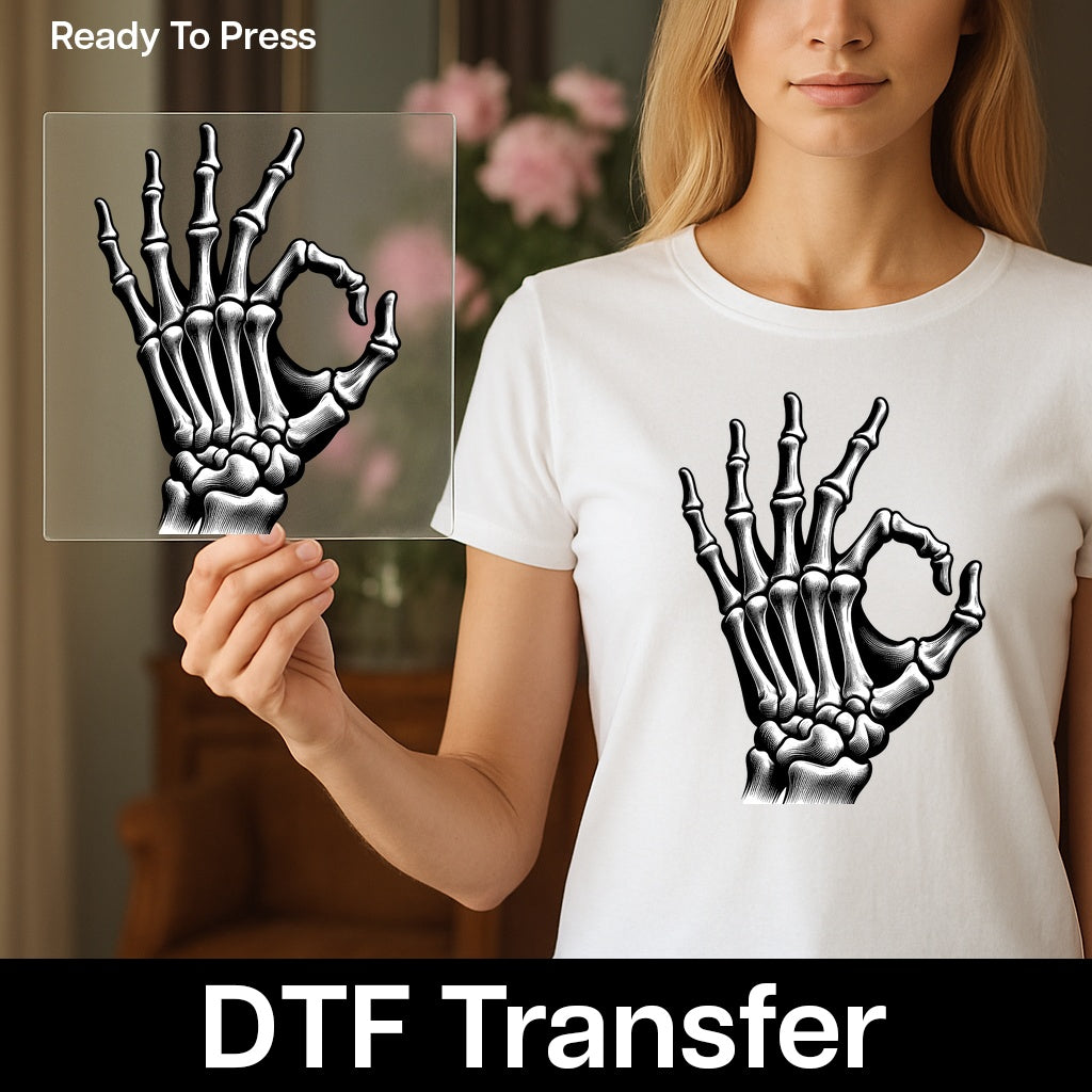 Spooky Skeleton Hand OK DTF Transfer Gothic Halloween Humor Edgy Apparel for Halloween Enthusiasts & Dark Humor Fans