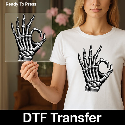 Spooky Skeleton Hand OK DTF Transfer Gothic Halloween Humor Edgy Apparel for Halloween Enthusiasts & Dark Humor Fans