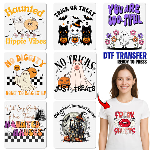 Funny Halloween Retro Nostalgic Haunted Hippie Vibes DTF Transfer for Group Costume Apparel