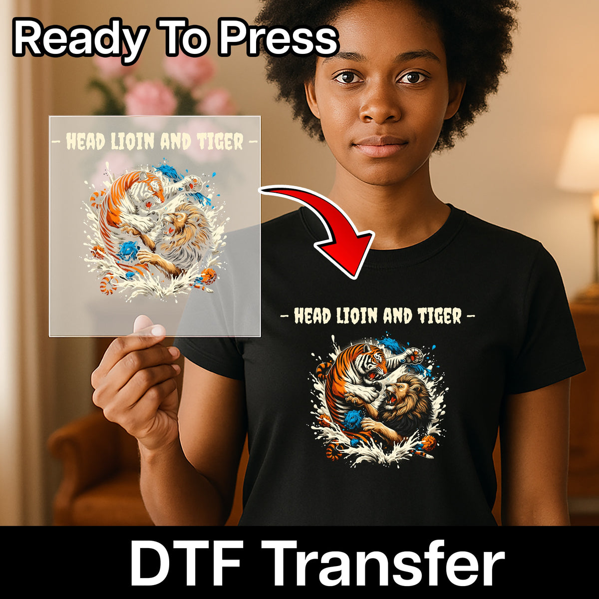 Bold Lion Tiger Battle DTF Transfer Ready to Press for Wildlife Lovers Shirt, Animal Fight T-shirt, Big Cat Apparel