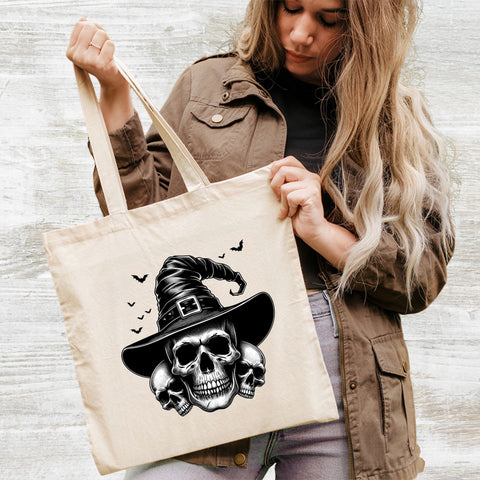Gothic Halloween Skull Witch Hat & Bats DTF Transfer for Apparel - Ready to Press Iron-On for Spooky Occult Shirts