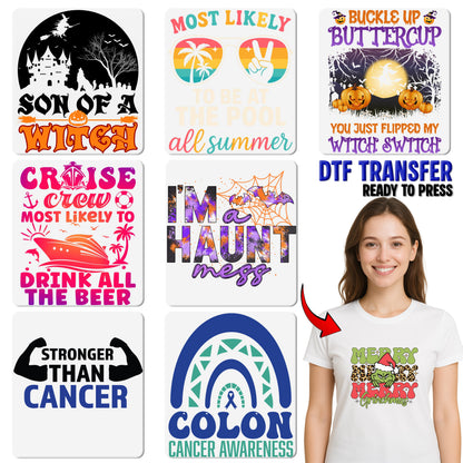 Funny Halloween Witch DTF Transfer for Group Shirts or Hoodies - Retro Cute Cartoon Broomstick Pumpkin Iron-On Apparel