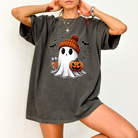 Cute Halloween Ghost with Pumpkin & Beanie DTF Transfer | Ready to Press Halloween Apparel for Families & Partygoers