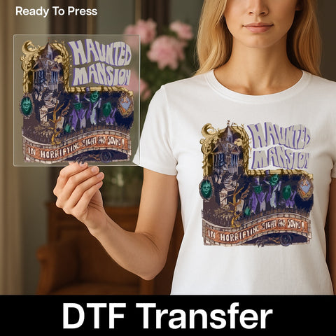 Iron-On Haunted Mansion Halloween DTF Transfer - Spooky Ghost Theme Retro Gothic Apparel for Halloween Parties