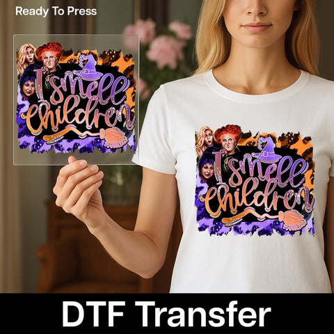 Funny Halloween DTF Transfer for Witch Movie Fans | 'I Smell Children' Retro Heat Press | Ready to Press T-Shirt Decor