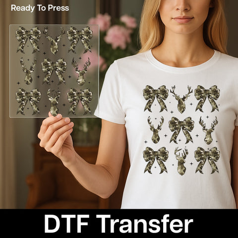 Camo Deer & Bows DTF Transfer for Outdoor Adventure Shirts, Rustic Nature Lover Apparel Ready To Press