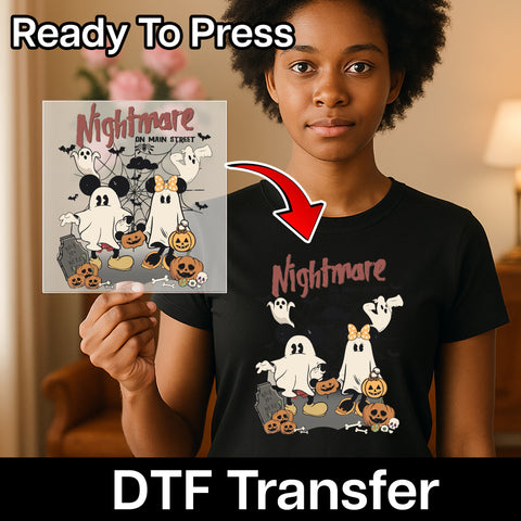 Cute Halloween Ghost Costume DTF Transfer Iron-On Tee for Family & Friends Attire - Playful Retro Nightmare Design