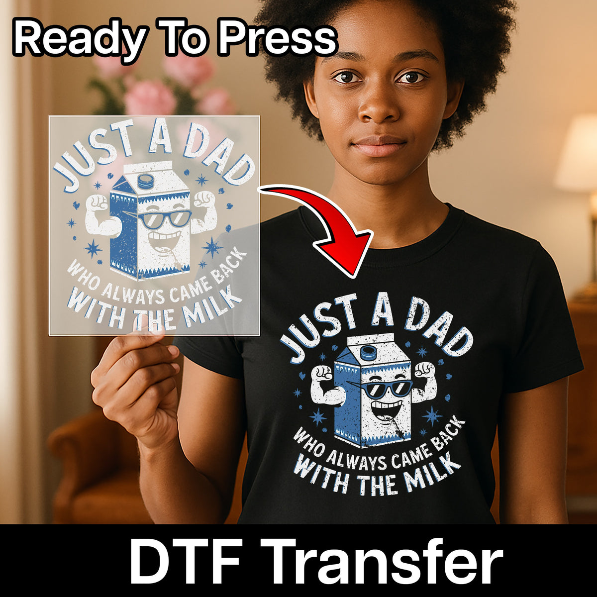 Funny Dad Joke DTF Transfer Just a Dad Who Always Came Back With the Milk Cartoon Iron On for T-Shirt & Father's Day Gift