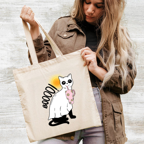 Cute Ghostly White Cat Halloween Coffee DTF Transfer Ready To Press for Women's T-Shirt or Sweatshirt